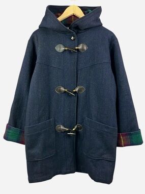 Sequence Vintage Navy Wool Blend Plaid Cuff Toggle Hooded Coat Size Small